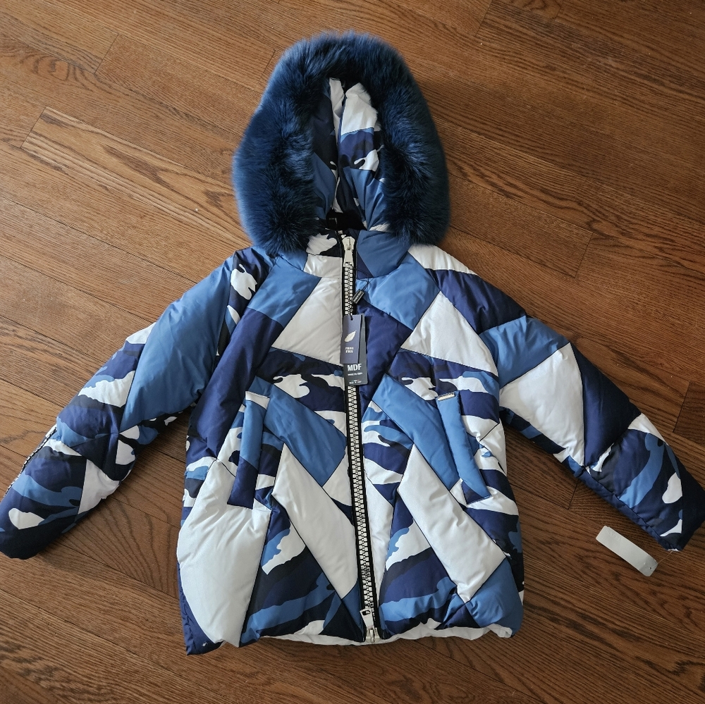 NWT Marco Del Forte Womens Winter Camo Blue Coat with Real Fur. Made in Italy - Picture 8 of 16